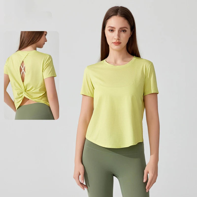 Women's Short Sleeve Yoga Top with Knot Back
