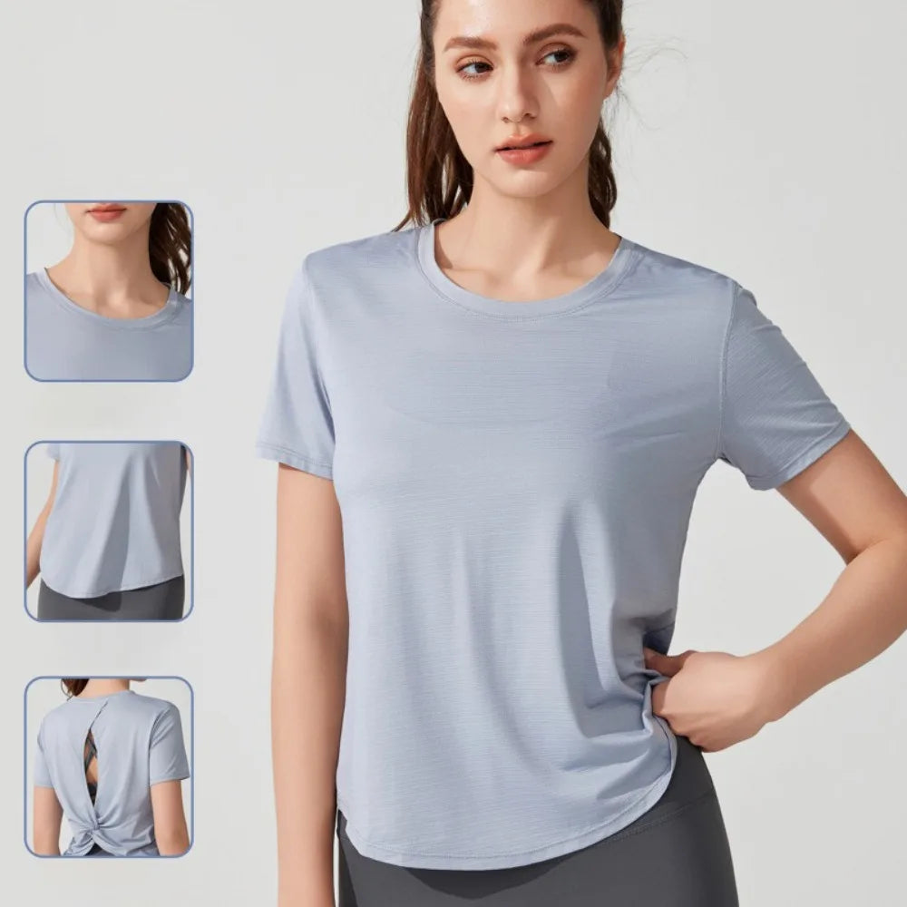 Women's Short Sleeve Yoga Top with Knot Back