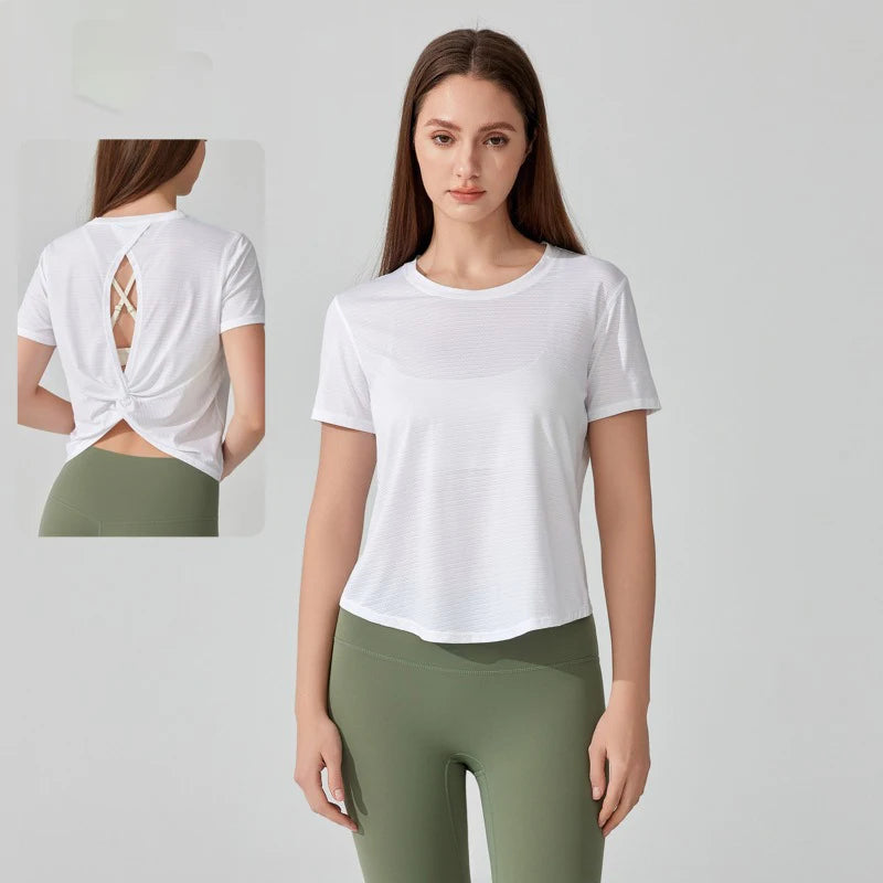 Women's Short Sleeve Yoga Top with Knot Back