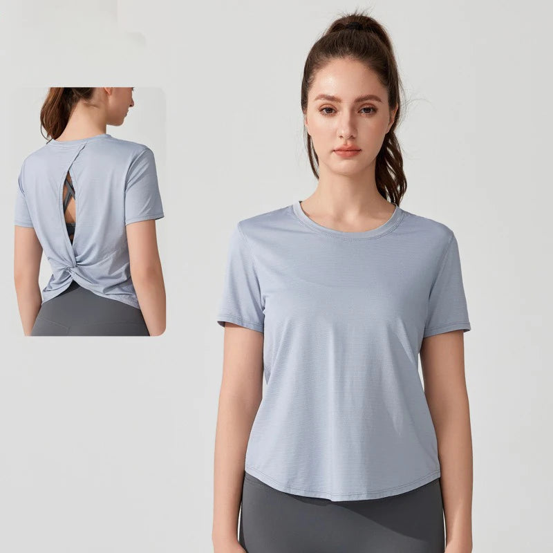 Women's Short Sleeve Yoga Top with Knot Back