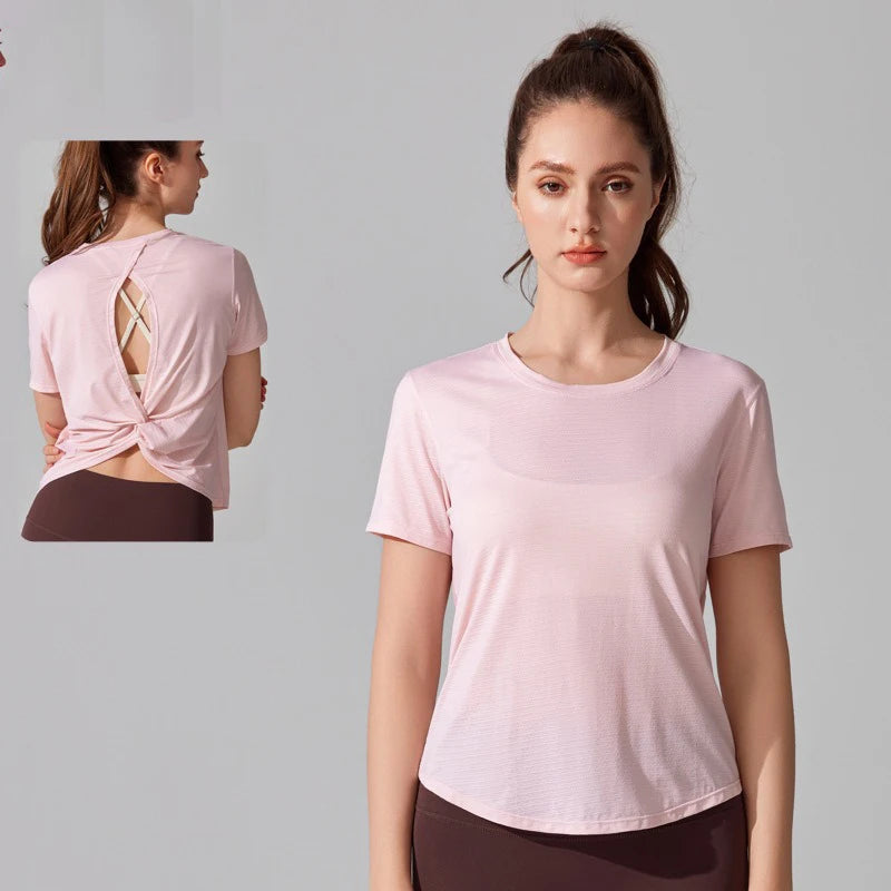 Women's Short Sleeve Yoga Top with Knot Back